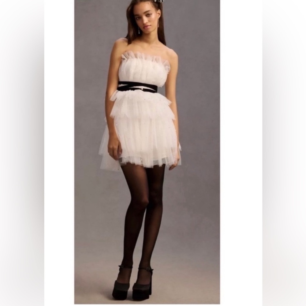 Maeve White Strapless Tiered Tulle Cocktail Mini Dress by Anthropologie